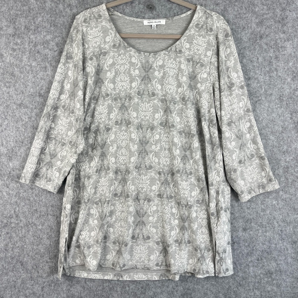 Rose Olive Knit Tunic Top Womens 2X Gray Floral Jacquard 3/4 Sleeve Artsy Boho